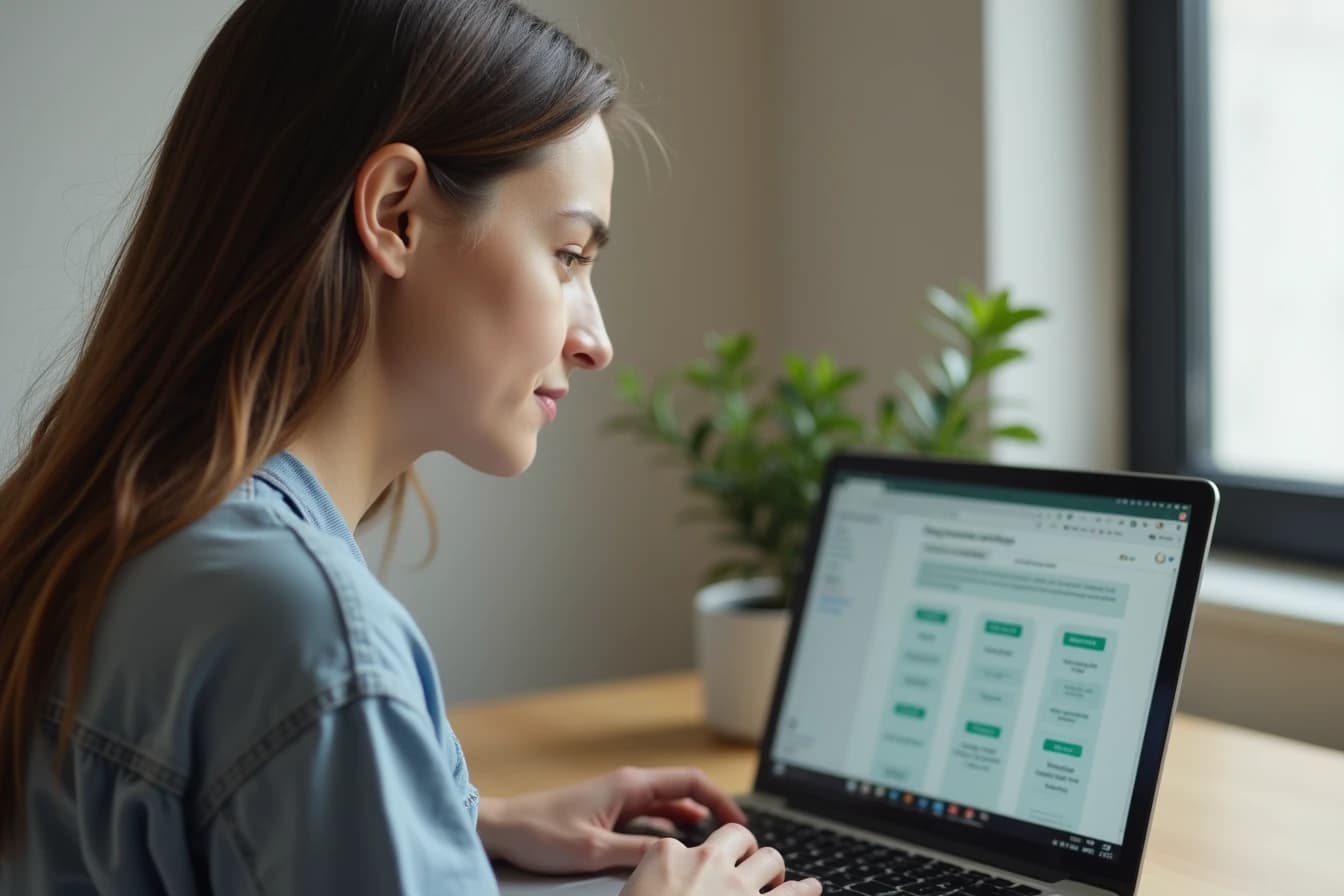 Woman at a desk looking at a laptop screen displaying subscription pricing plan options Woman at a desk looking at a laptop screen displaying subscription pricing plan options