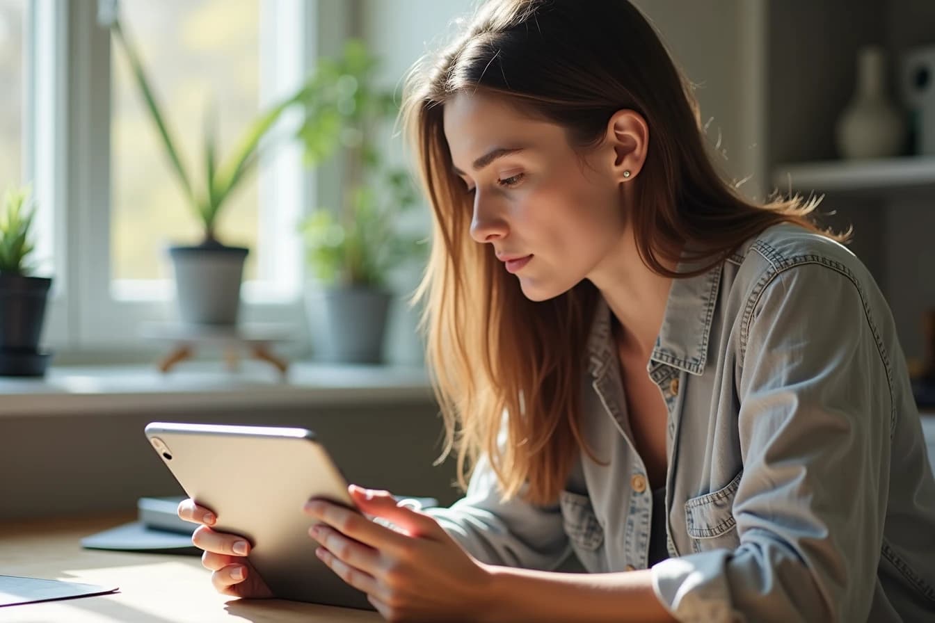 Woman at a home desk comparing a smartphone and a tablet with a focused expression