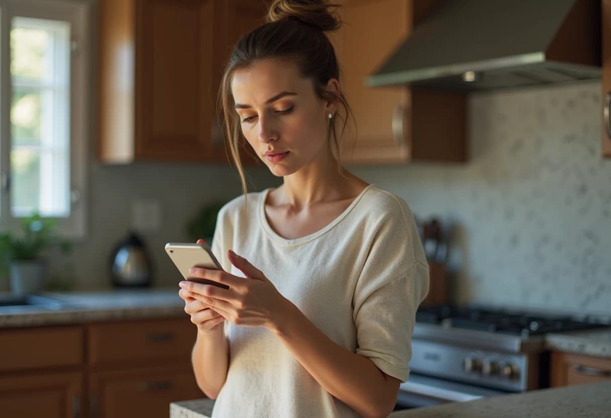 Woman standing in a kitchen looking at a smartphone notification with a concerned expression Woman standing in a kitchen looking at a smartphone notification with a concerned expression