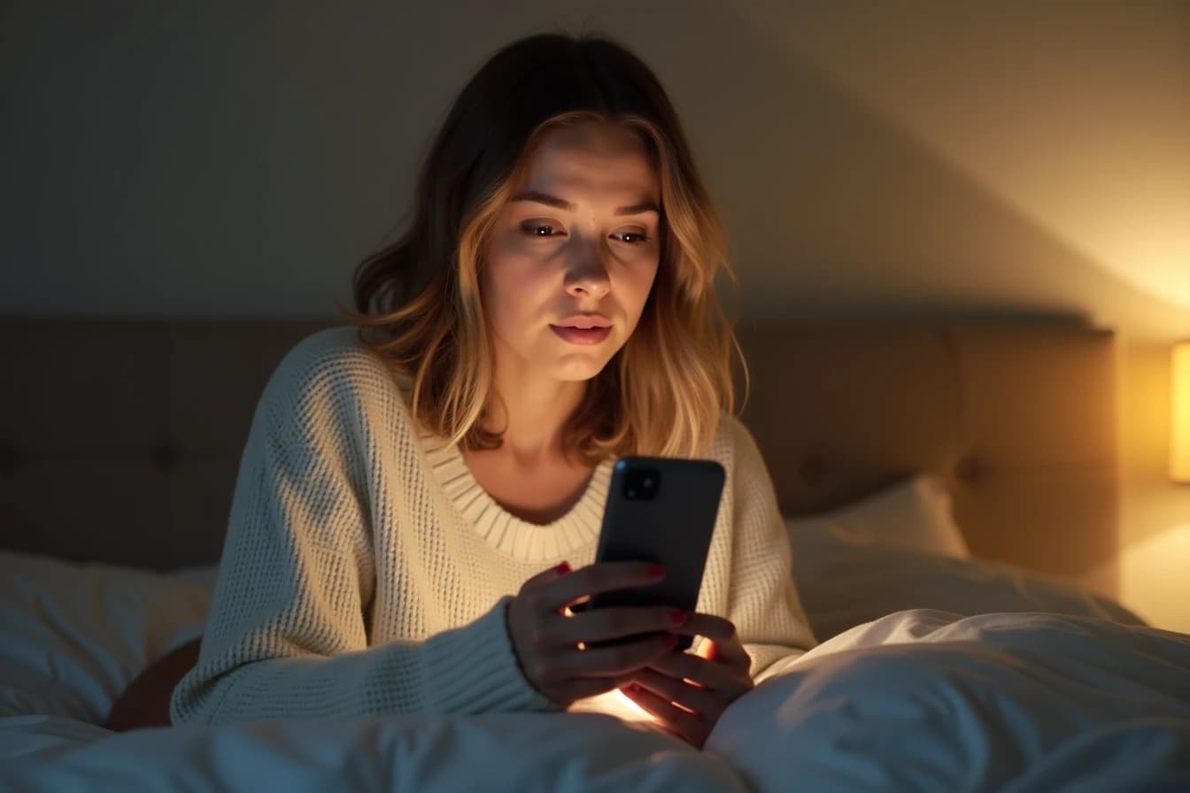 Woman sitting on a bed looking at her smartphone screen with a puzzled expression Woman sitting on a bed looking at her smartphone screen with a puzzled expression