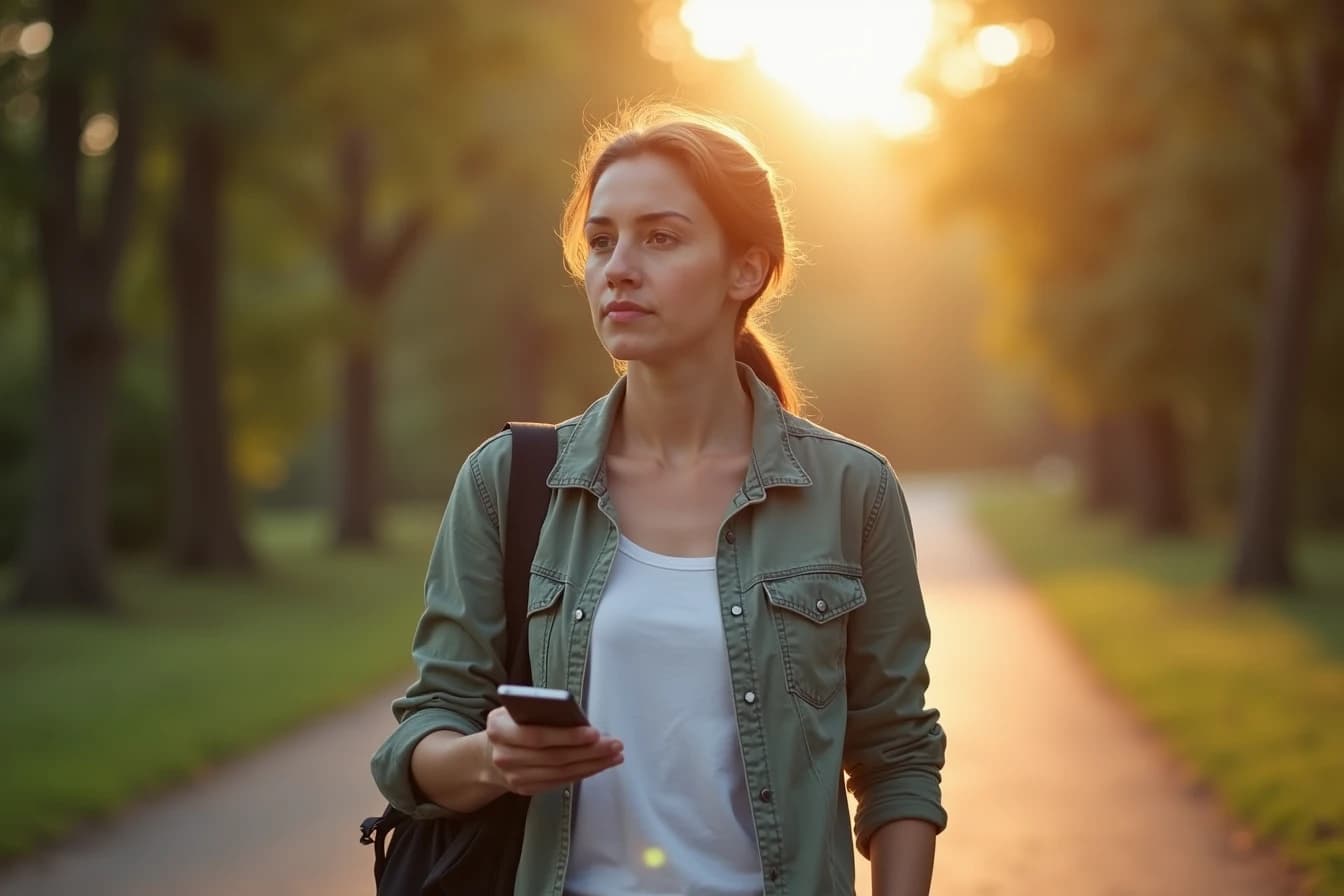 Person walking along a quiet outdoor path with a smartphone loosely held in hand, contemplative expression Person walking along a quiet outdoor path with a smartphone loosely held in hand, contemplative expression