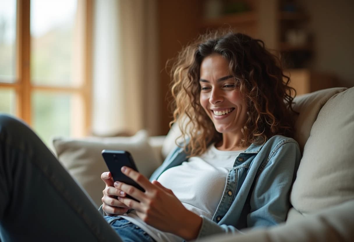 Person smiling contentedly while using a smartphone at home Person smiling contentedly while using a smartphone at home