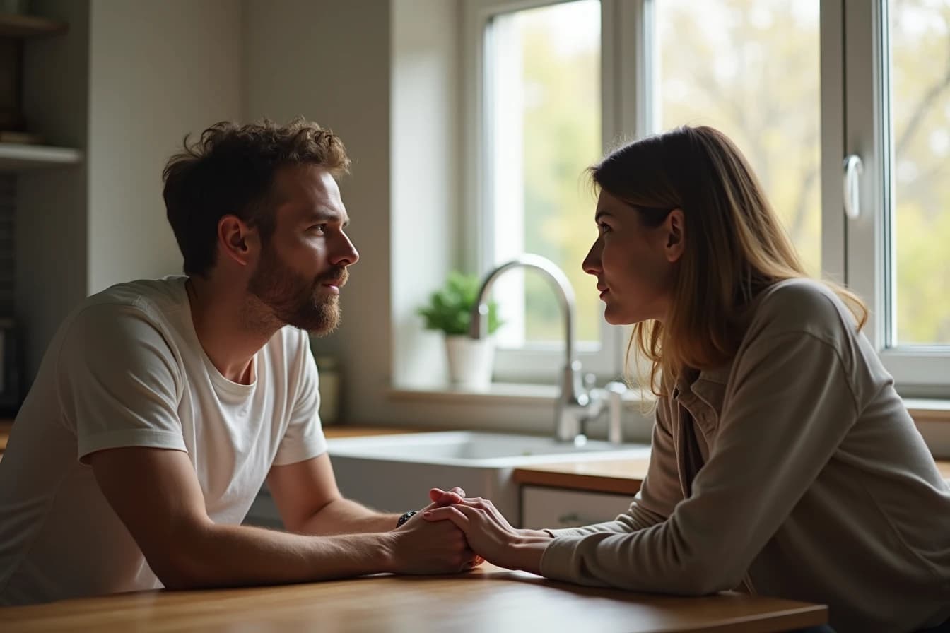 Couple sitting across from each other at a kitchen table having a serious conversation Couple sitting across from each other at a kitchen table having a serious conversation