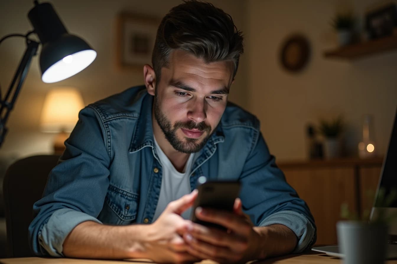 Man setting up a new AI girlfriend character profile on his smartphone at a home desk Man setting up a new AI girlfriend character profile on his smartphone at a home desk
