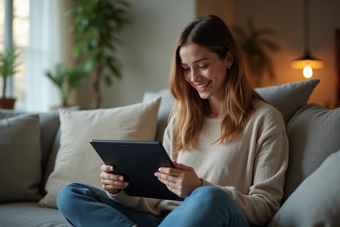 Woman sitting on a couch holding a tablet and smiling at a character creation screen Woman sitting on a couch holding a tablet and smiling at a character creation screen