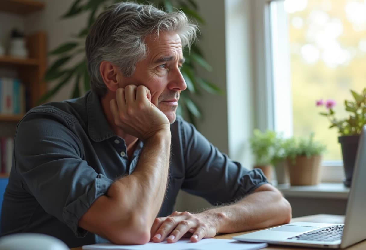 Person sitting at a desk with an open laptop and a handwritten notepad in a thoughtful decision-making pose Person sitting at a desk with an open laptop and a handwritten notepad in a thoughtful decision-making pose