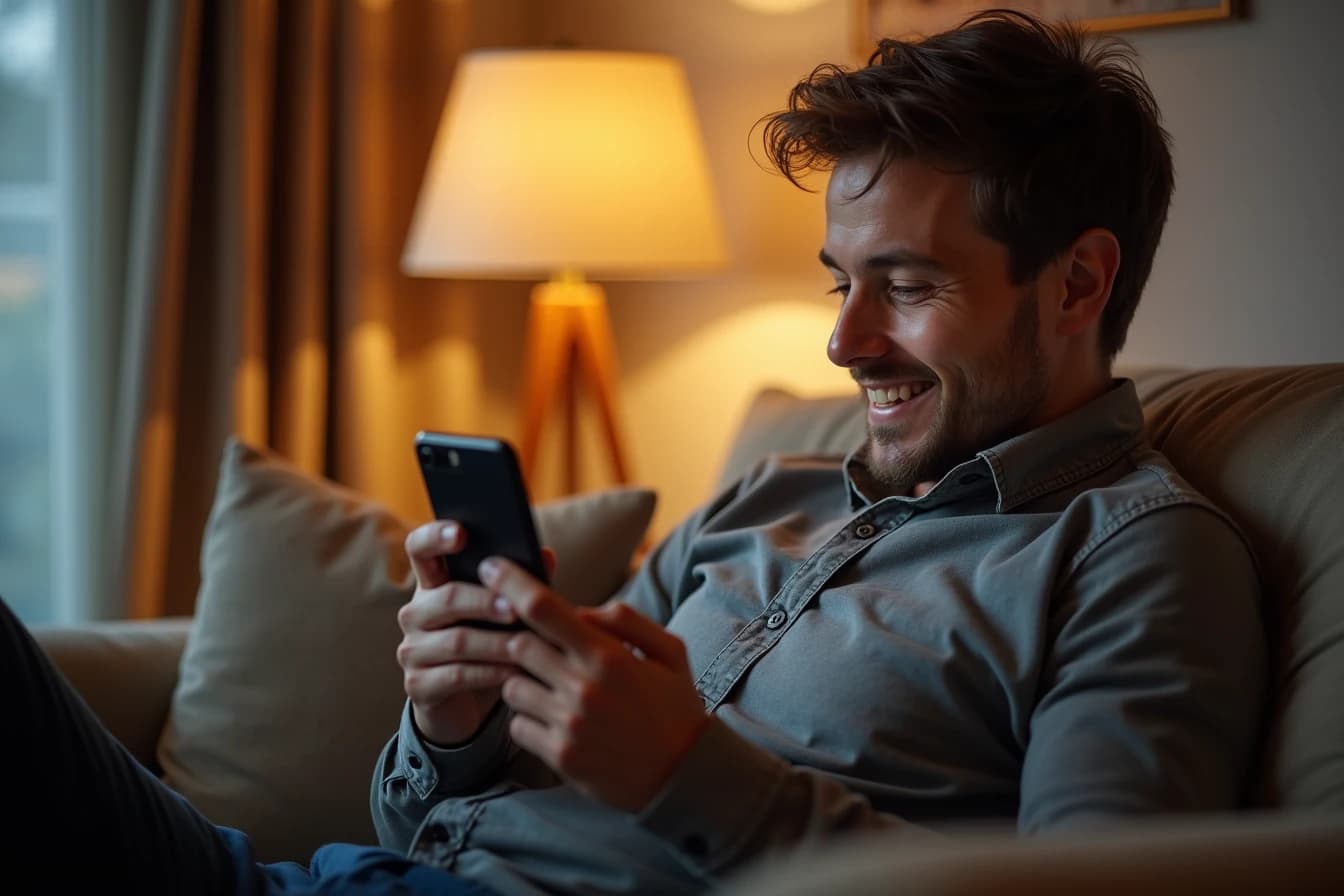 Man relaxed on a couch in the evening deeply engaged in a conversation on his smartphone Man relaxed on a couch in the evening deeply engaged in a conversation on his smartphone