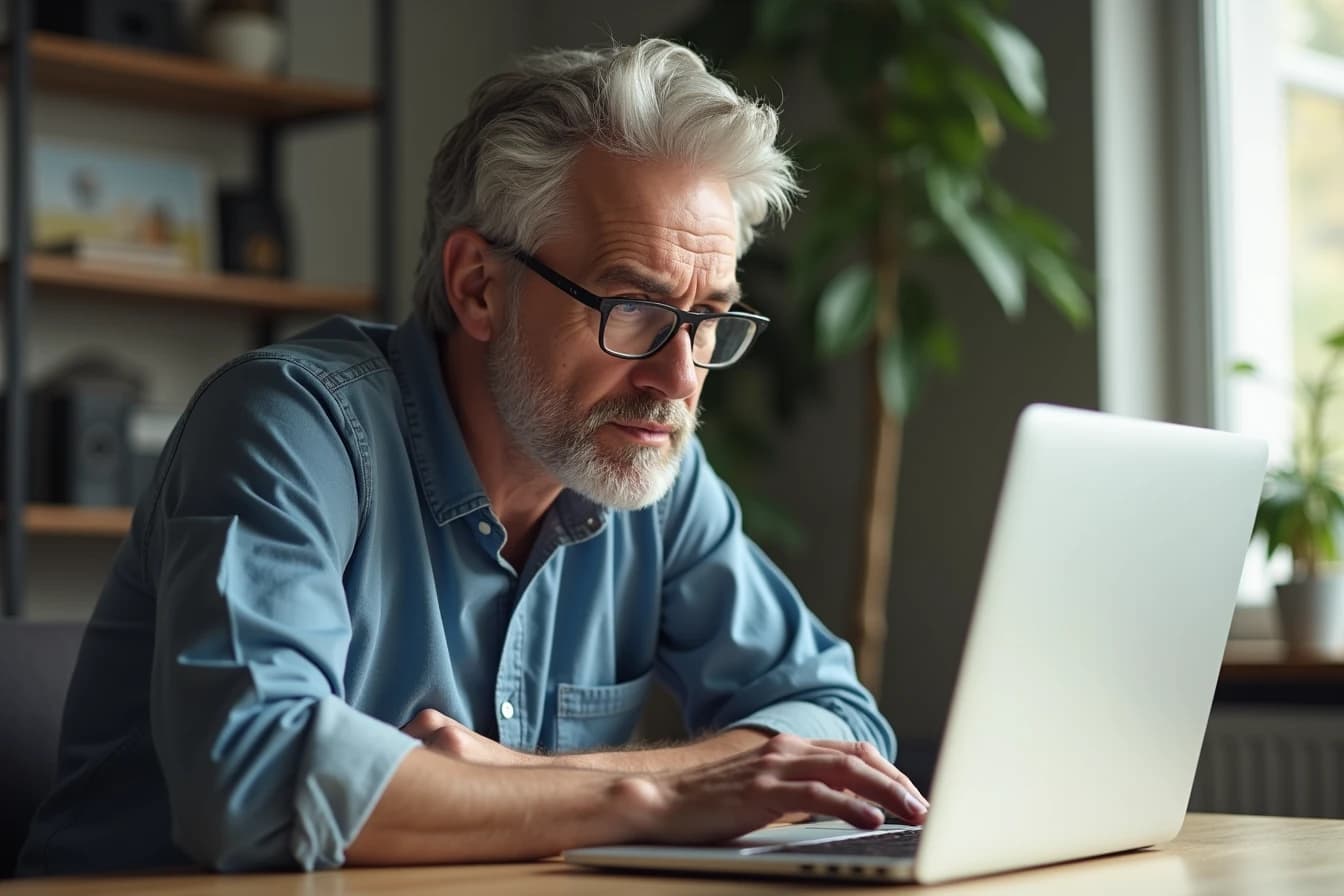 Person leaning in closely to check a website address bar on a laptop with a cautious expression Person leaning in closely to check a website address bar on a laptop with a cautious expression