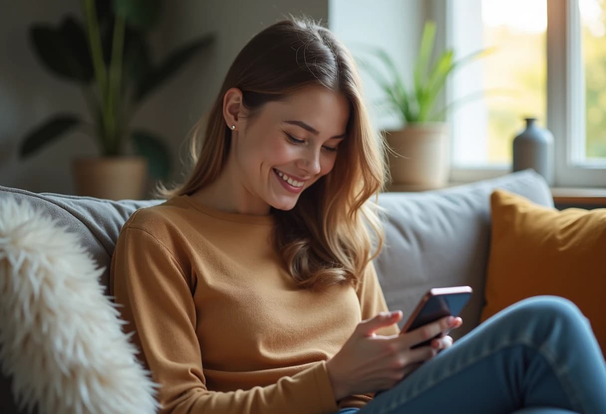 Woman sitting on her couch smiling while typing a message on her phone Woman sitting on her couch smiling while typing a message on her phone
