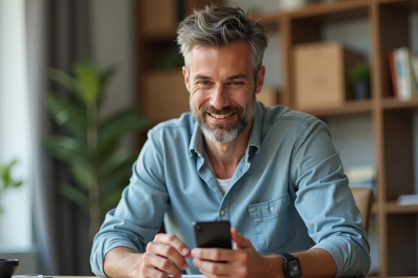 Person at a desk holding a payment card while looking at a smartphone to subscribe to an app Person at a desk holding a payment card while looking at a smartphone to subscribe to an app