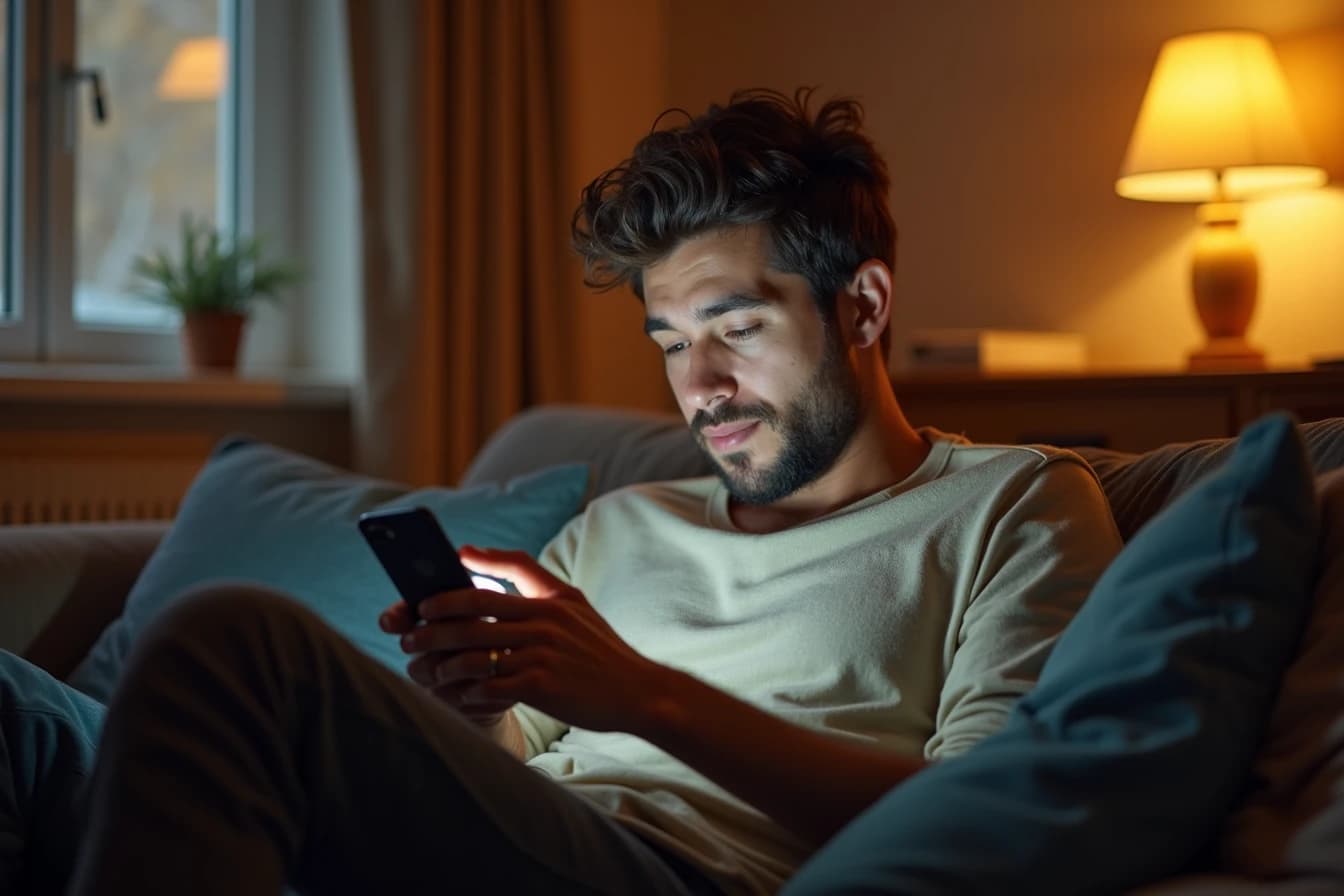 Person relaxing on a couch in the evening using a companion app on a smartphone Person relaxing on a couch in the evening using a companion app on a smartphone