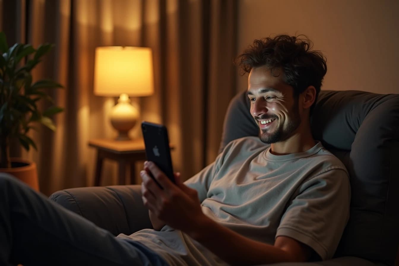 Person relaxing in an armchair in the evening using a companion app on a smartphone under warm lamp light Person relaxing in an armchair in the evening using a companion app on a smartphone under warm lamp light