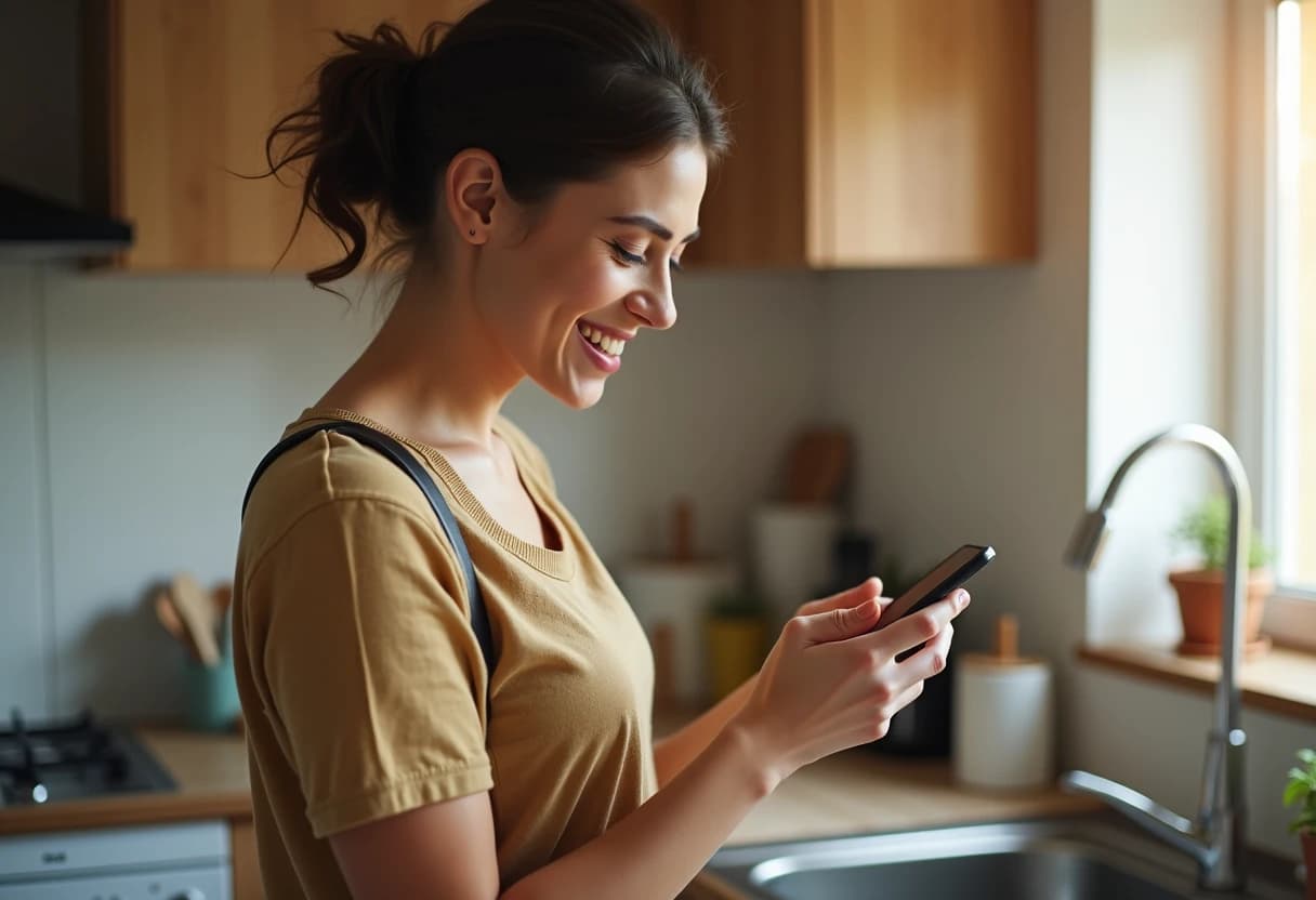 Person glancing at a companion app on a smartphone during a break in the kitchen Person glancing at a companion app on a smartphone during a break in the kitchen