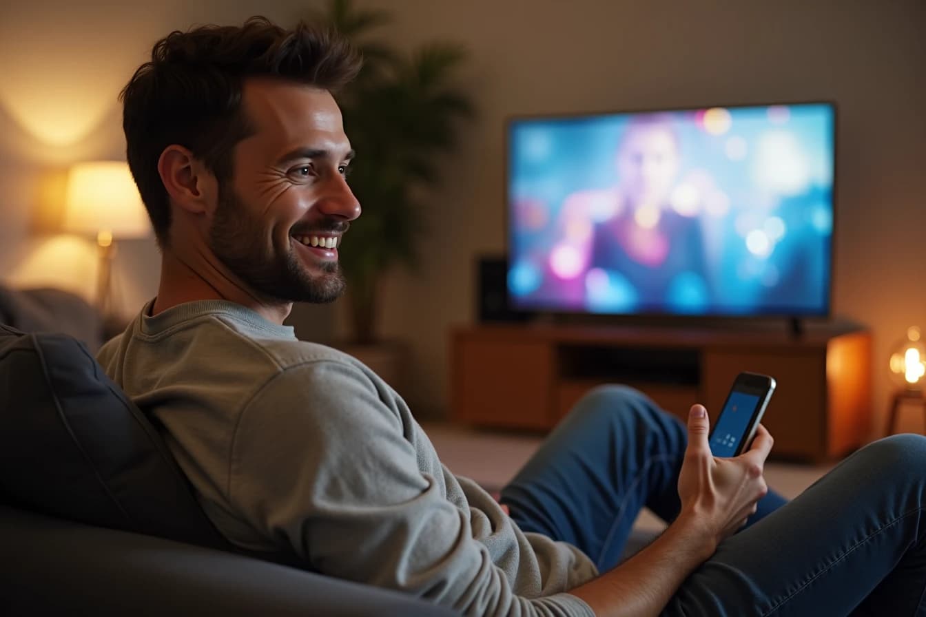 Man sitting on a couch smiling at his smartphone with a television glowing in the background Man sitting on a couch smiling at his smartphone with a television glowing in the background