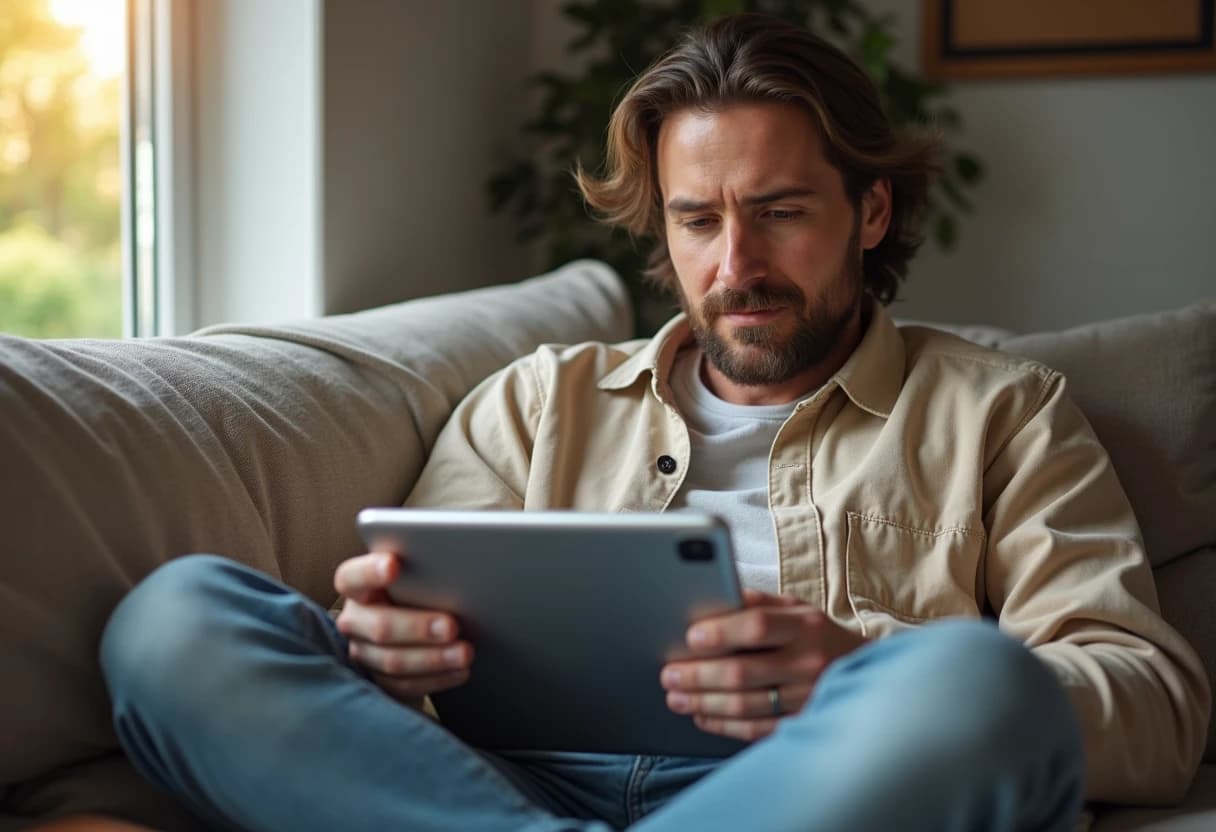 Person sitting cross-legged on a couch filling out profile details on a tablet Person sitting cross-legged on a couch filling out profile details on a tablet