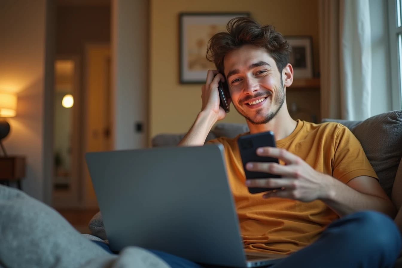 Young man at a laptop and phone signing up for an app in his apartment
