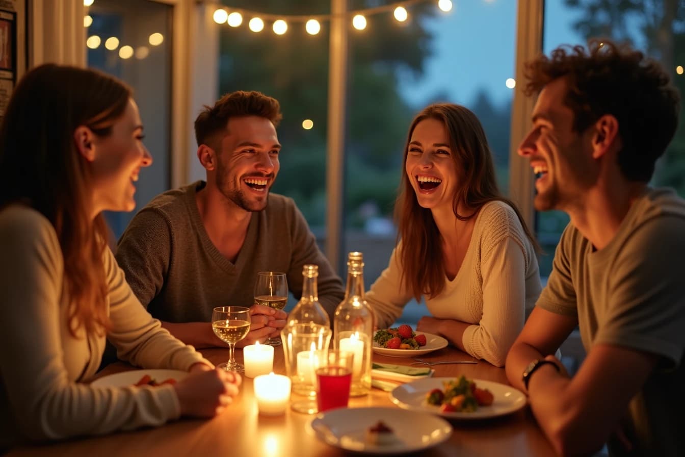Four friends laughing together around a dinner table at a home gathering Four friends laughing together around a dinner table at a home gathering