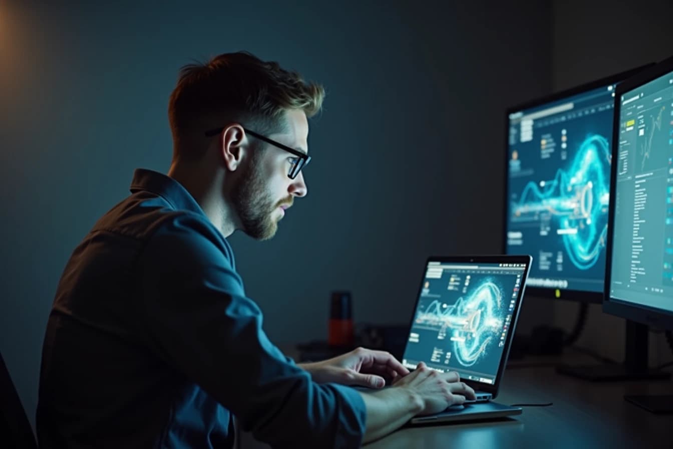 Man at a tech workspace desk focused on a laptop in the evening Man at a tech workspace desk focused on a laptop in the evening