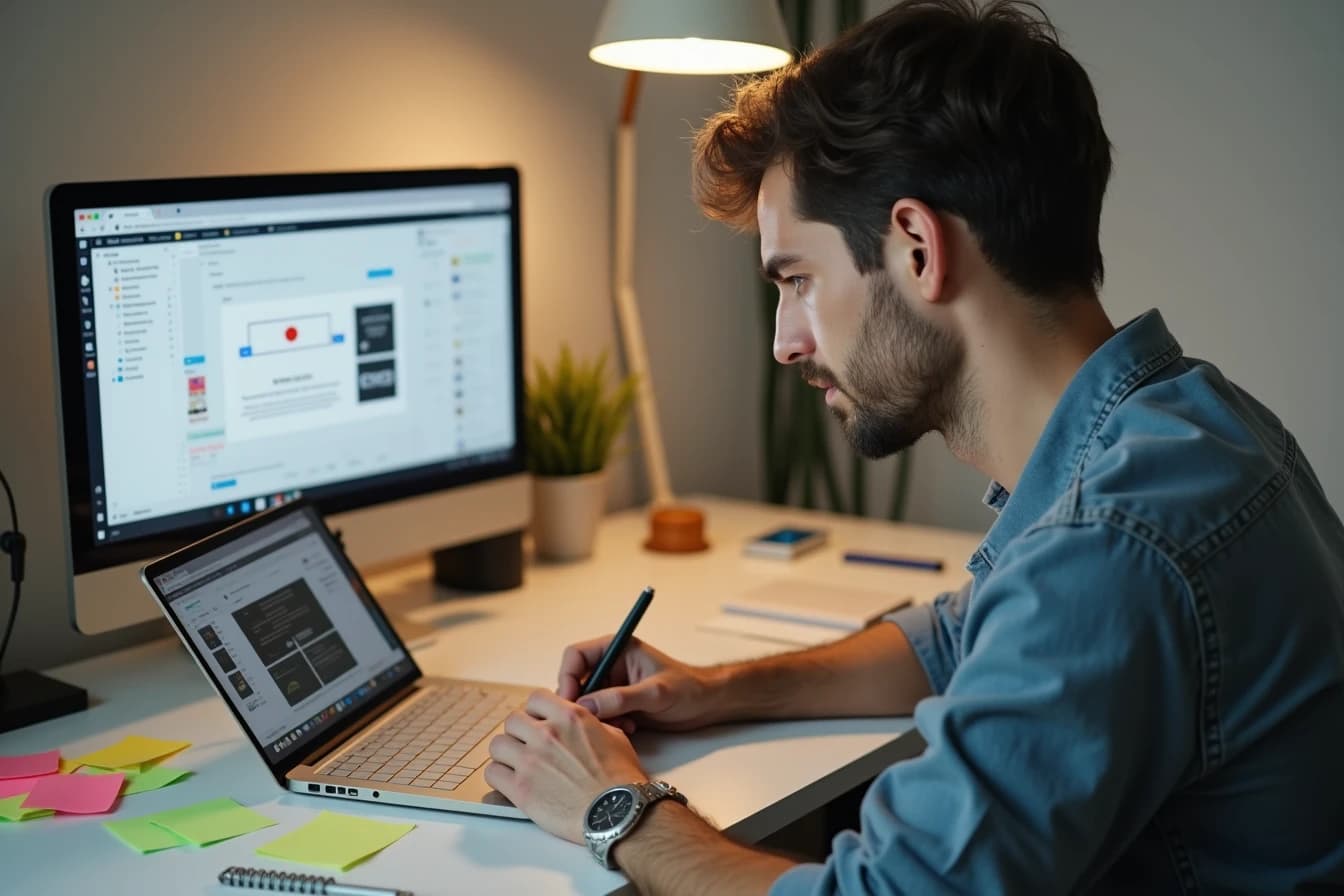 Man at a desk with a laptop, sticky notes, and a notepad comparing multiple browser tabs Man at a desk with a laptop, sticky notes, and a notepad comparing multiple browser tabs