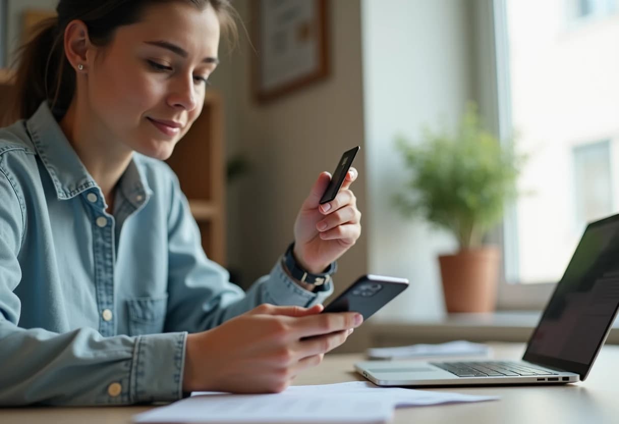 Person at a desk holding a payment card next to a smartphone Person at a desk holding a payment card next to a smartphone