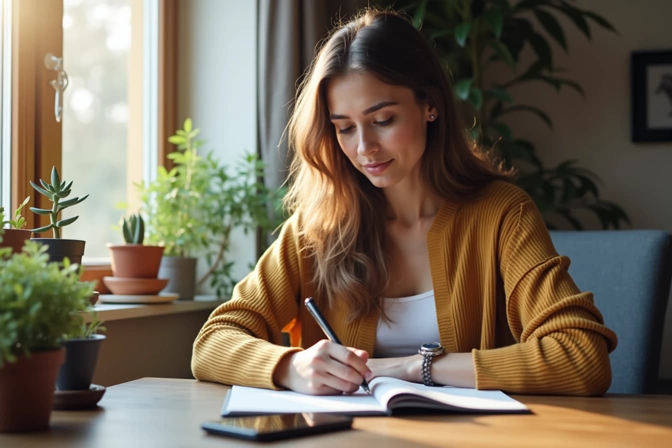 Person journaling at a home desk with a smartphone resting nearby Person journaling at a home desk with a smartphone resting nearby