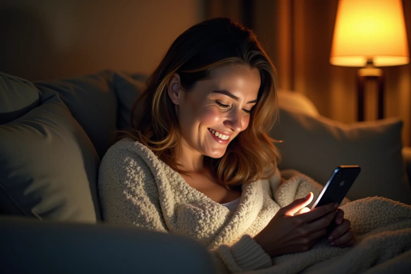 Woman curled up on a couch under a blanket in the evening smiling softly at her smartphone Woman curled up on a couch under a blanket in the evening smiling softly at her smartphone