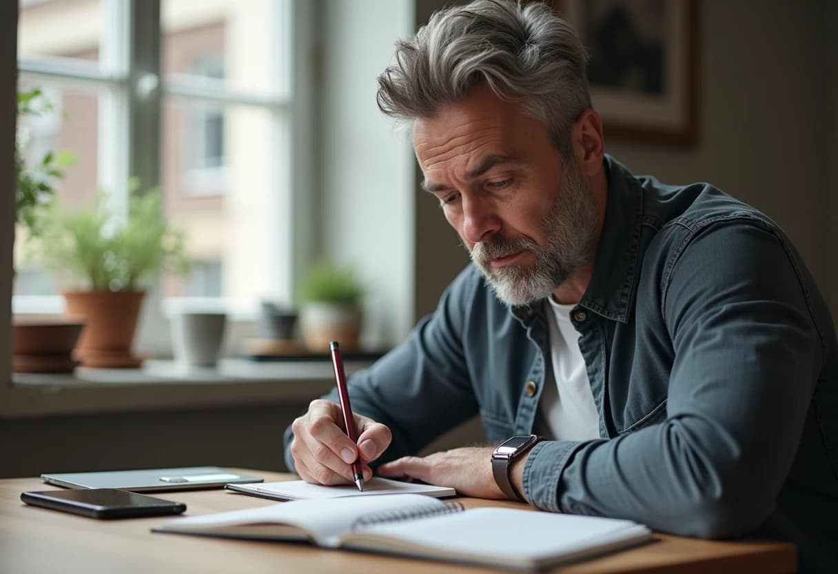 Man at a desk writing in a notebook with a smartphone nearby, thoughtfully weighing a decision Man at a desk writing in a notebook with a smartphone nearby, thoughtfully weighing a decision