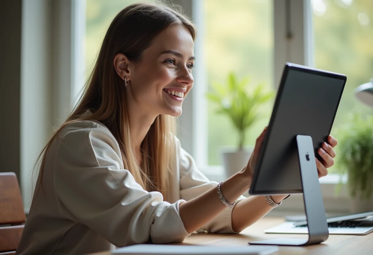 Woman at a desk having a video call on a tablet propped up on a stand Woman at a desk having a video call on a tablet propped up on a stand