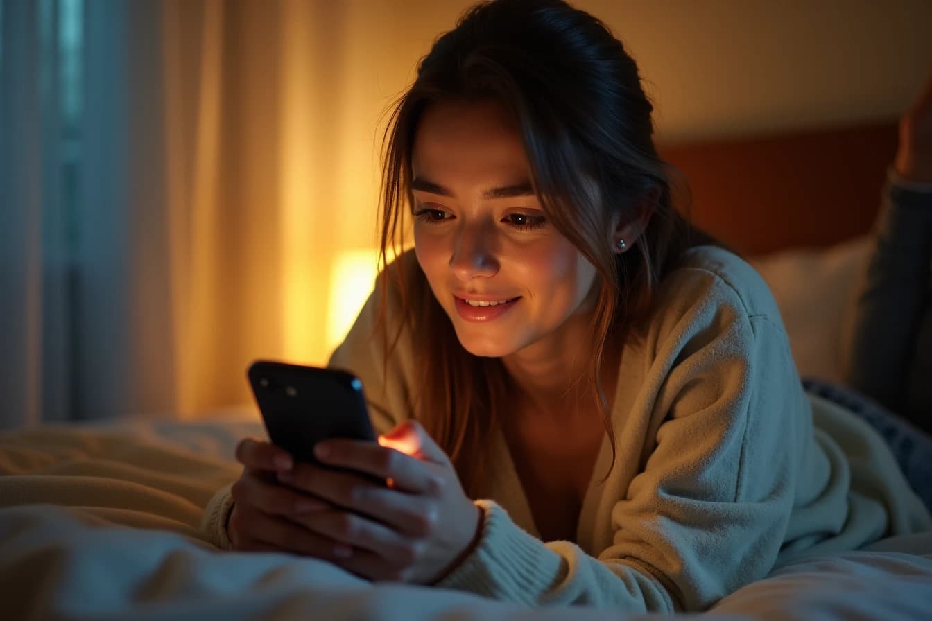 Woman lying on a bed scrolling slowly through her smartphone with a nostalgic expression Woman lying on a bed scrolling slowly through her smartphone with a nostalgic expression