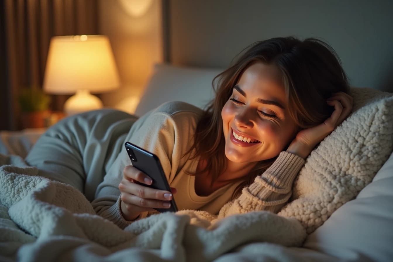 Woman lying in bed scrolling through a long conversation history on her smartphone with a content smile Woman lying in bed scrolling through a long conversation history on her smartphone with a content smile