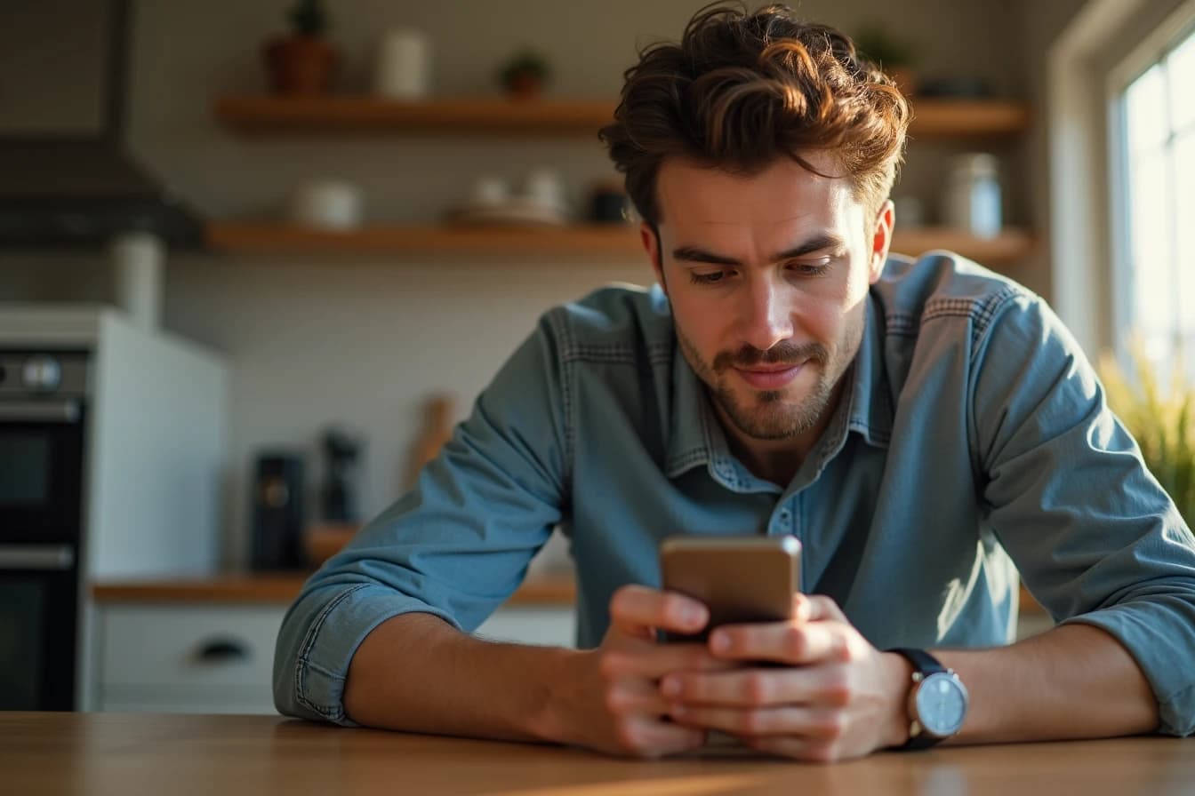 Man at a kitchen counter looking at a calendar app alongside a messaging app on his smartphone Man at a kitchen counter looking at a calendar app alongside a messaging app on his smartphone