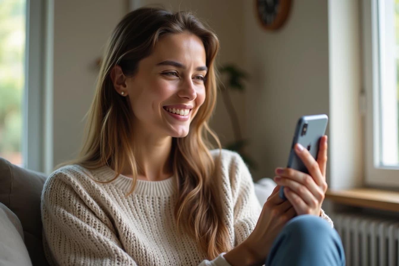 Person smiling warmly while chatting with a companion app on a smartphone at home Person smiling warmly while chatting with a companion app on a smartphone at home