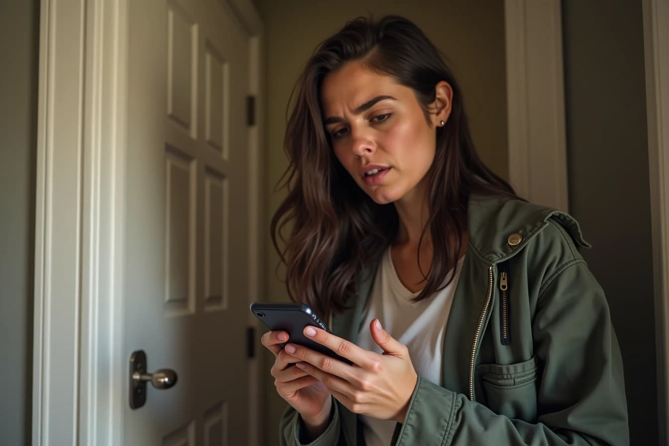 Person holding a jacket and smartphone with a nervous but hopeful expression near a front door Person holding a jacket and smartphone with a nervous but hopeful expression near a front door