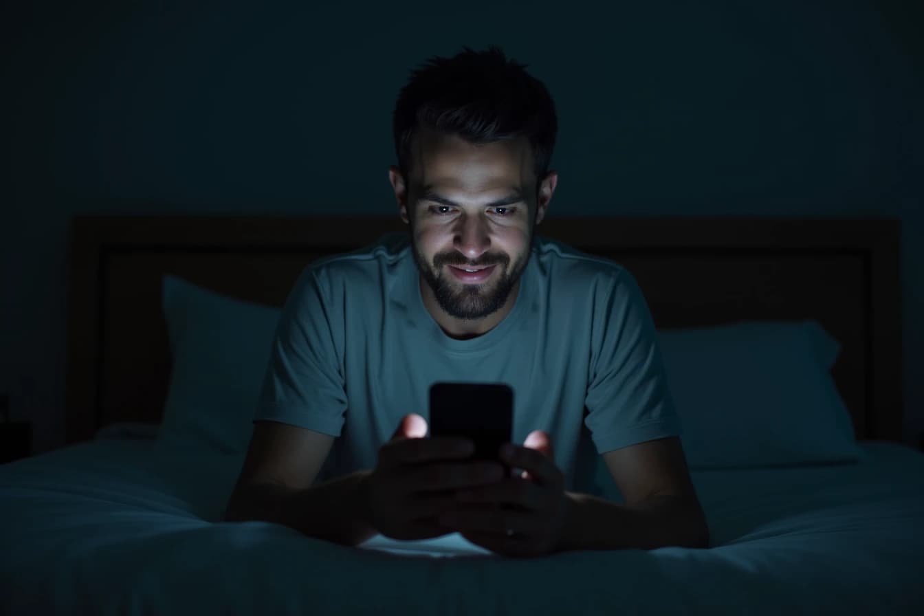 Man sitting on the edge of his bed at night with his phone screen glowing