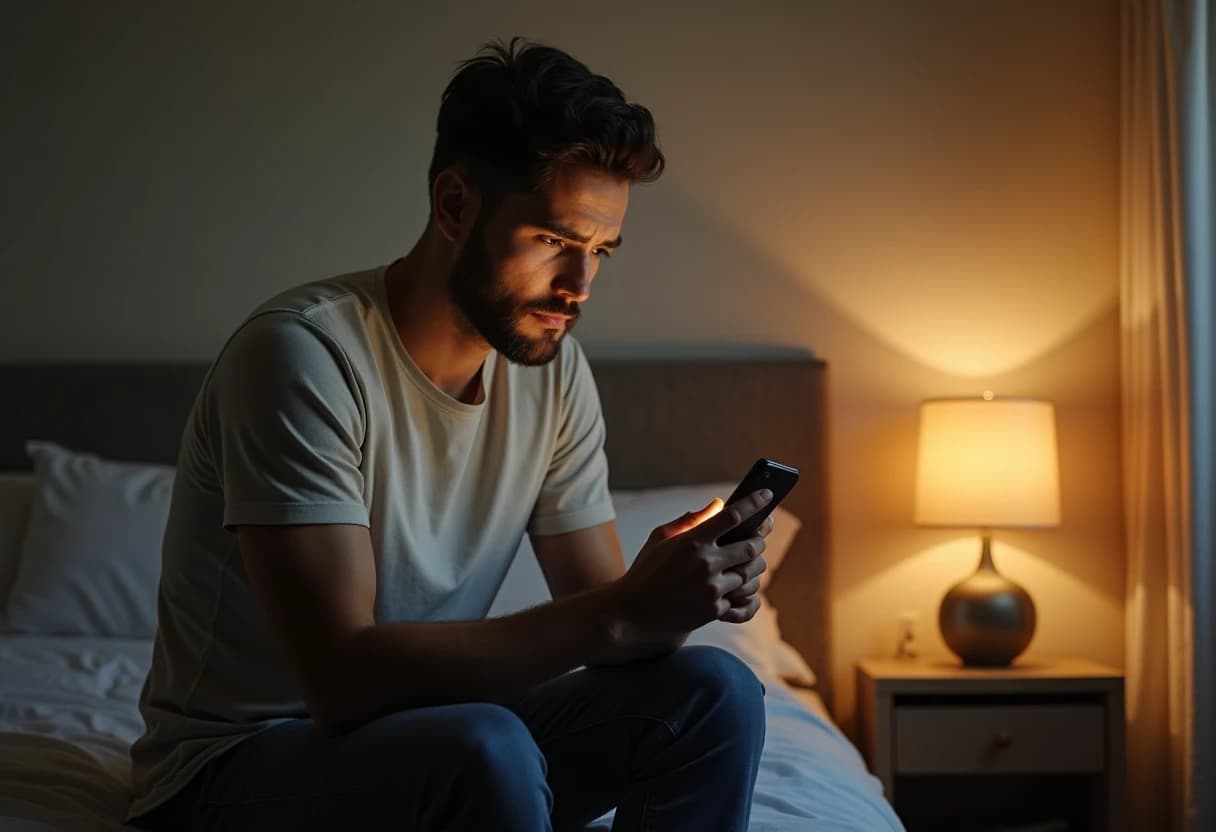 Man sitting on the edge of a bed in a softly lit bedroom looking at his smartphone with a thoughtful expression Man sitting on the edge of a bed in a softly lit bedroom looking at his smartphone with a thoughtful expression