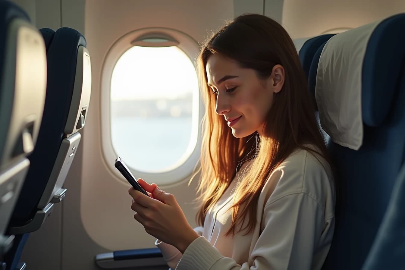 Woman sitting by an airplane window seat looking at her smartphone screen Woman sitting by an airplane window seat looking at her smartphone screen