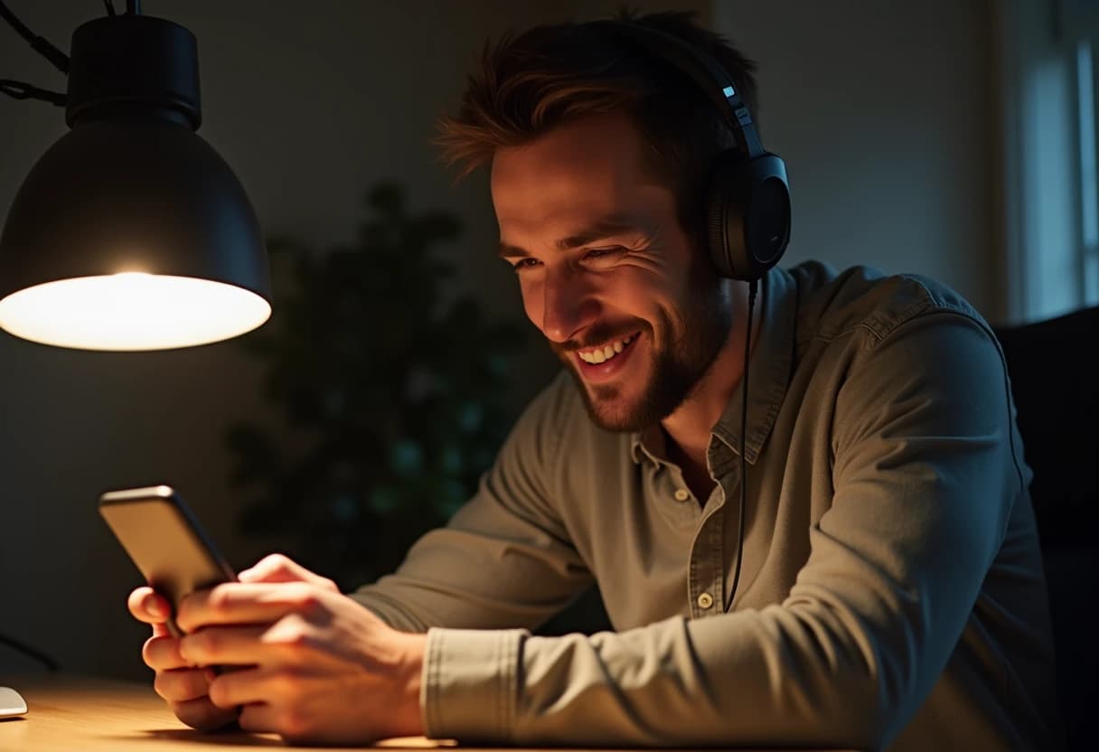 Person wearing headphones at a home desk looking at a smartphone with a focused expression Person wearing headphones at a home desk looking at a smartphone with a focused expression