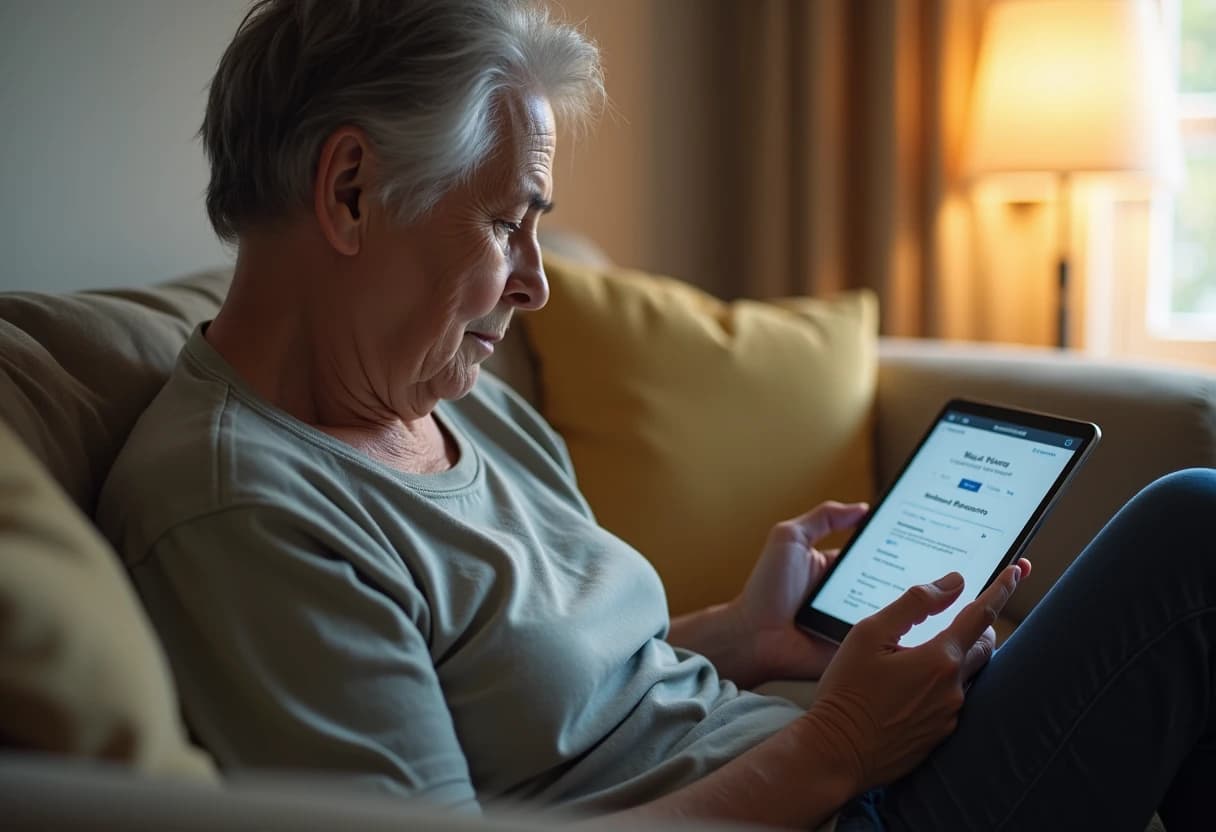 Adult parent sitting on a living room couch reviewing app store parental control settings on a tablet Adult parent sitting on a living room couch reviewing app store parental control settings on a tablet