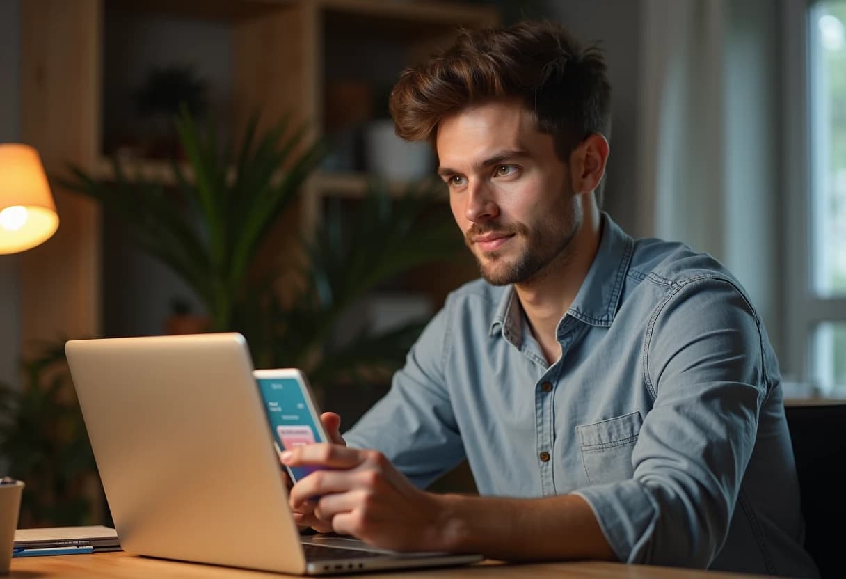 Young man at a desk with a laptop open, holding a smartphone showing a payment app