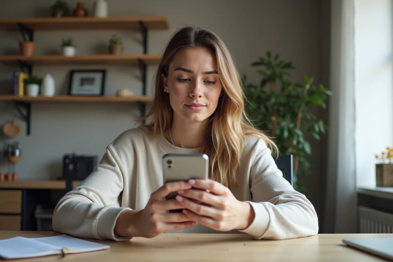 Woman sitting at a home desk holding a smartphone with a considering expression Woman sitting at a home desk holding a smartphone with a considering expression