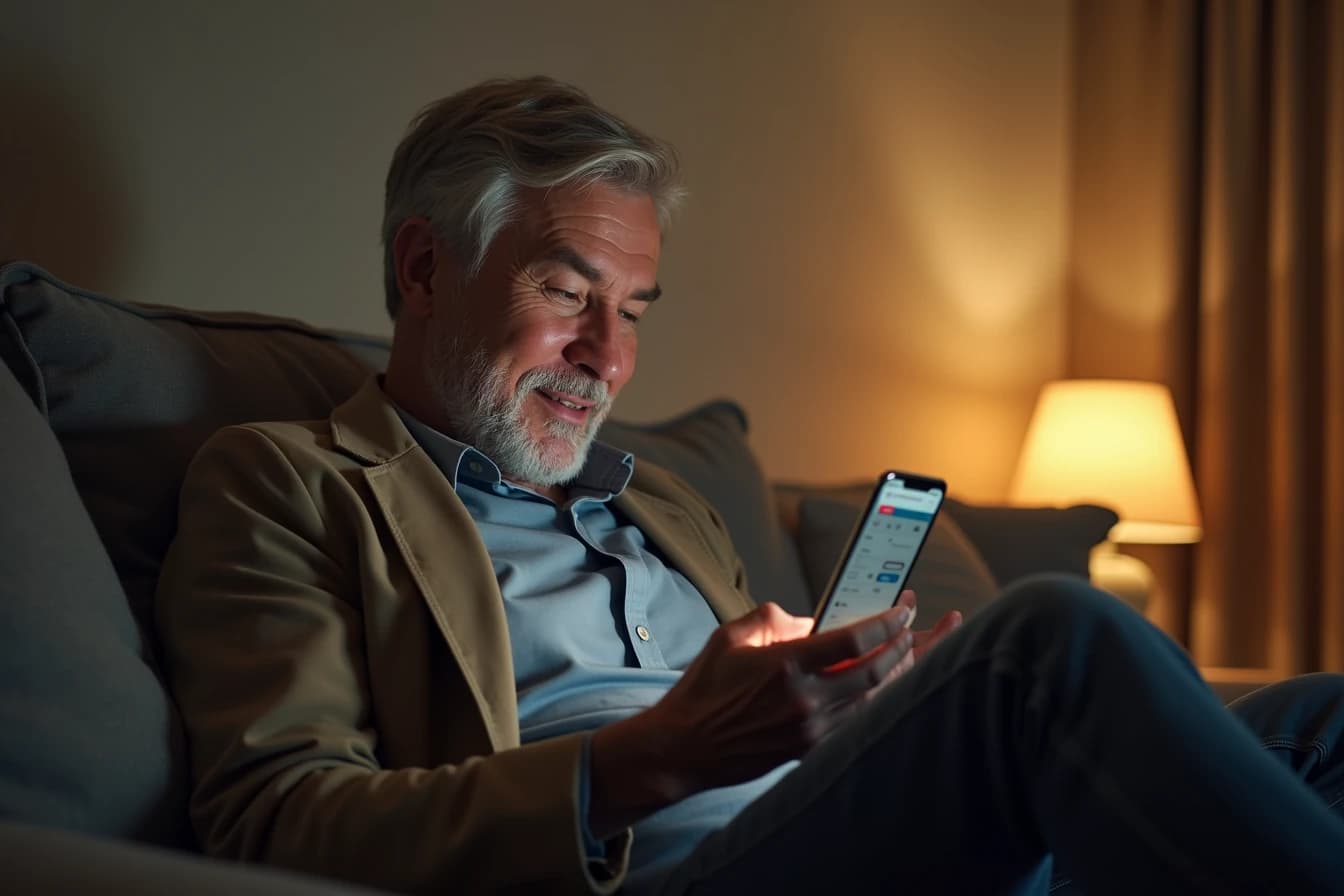 Adult man on a couch looking at his smartphone with a relaxed, satisfied expression Adult man on a couch looking at his smartphone with a relaxed, satisfied expression