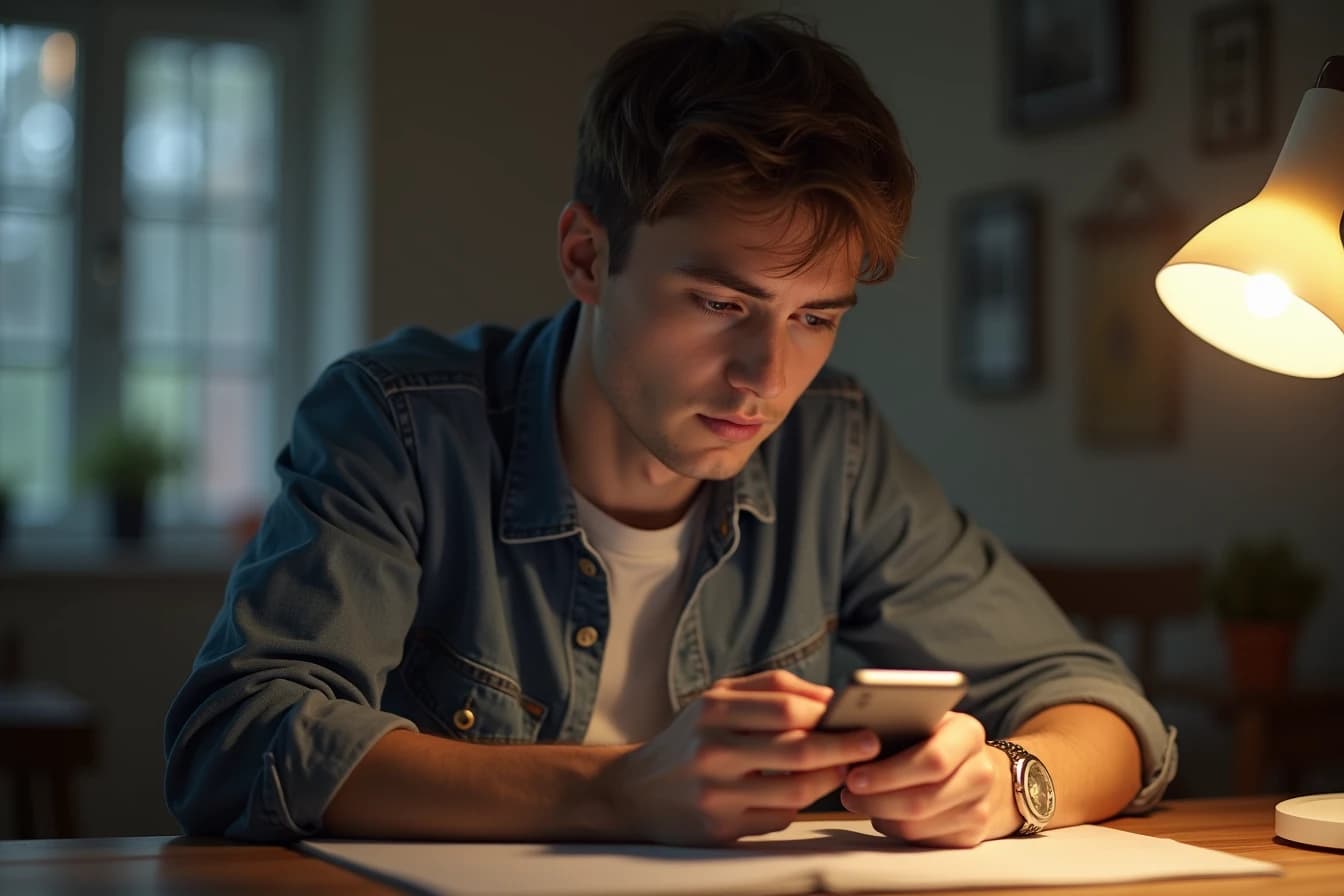 Man sitting at a desk at home typing a message on his smartphone with a focused expression Man sitting at a desk at home typing a message on his smartphone with a focused expression