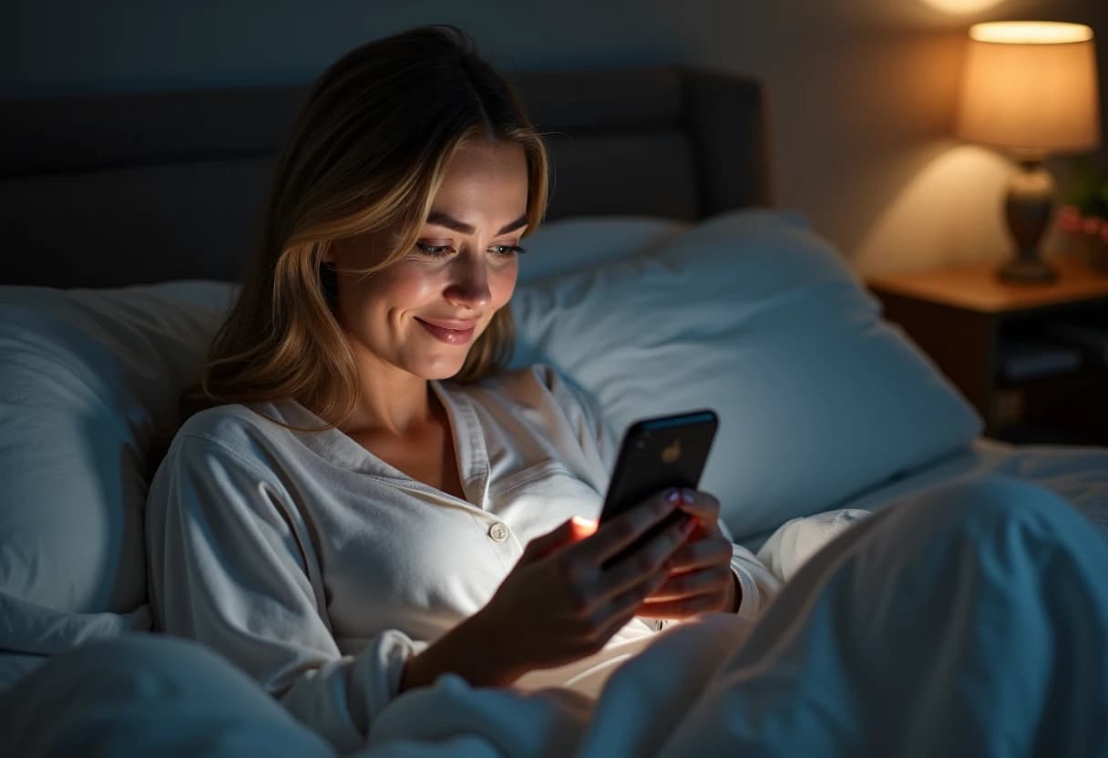Woman sitting up in bed at night holding a smartphone with a soft screen glow Woman sitting up in bed at night holding a smartphone with a soft screen glow