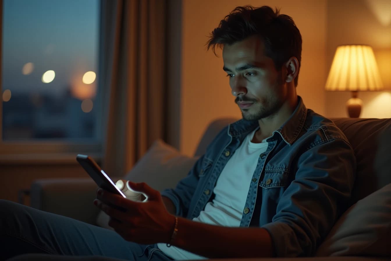Person sitting alone on a couch in the evening looking calmly at a smartphone Person sitting alone on a couch in the evening looking calmly at a smartphone