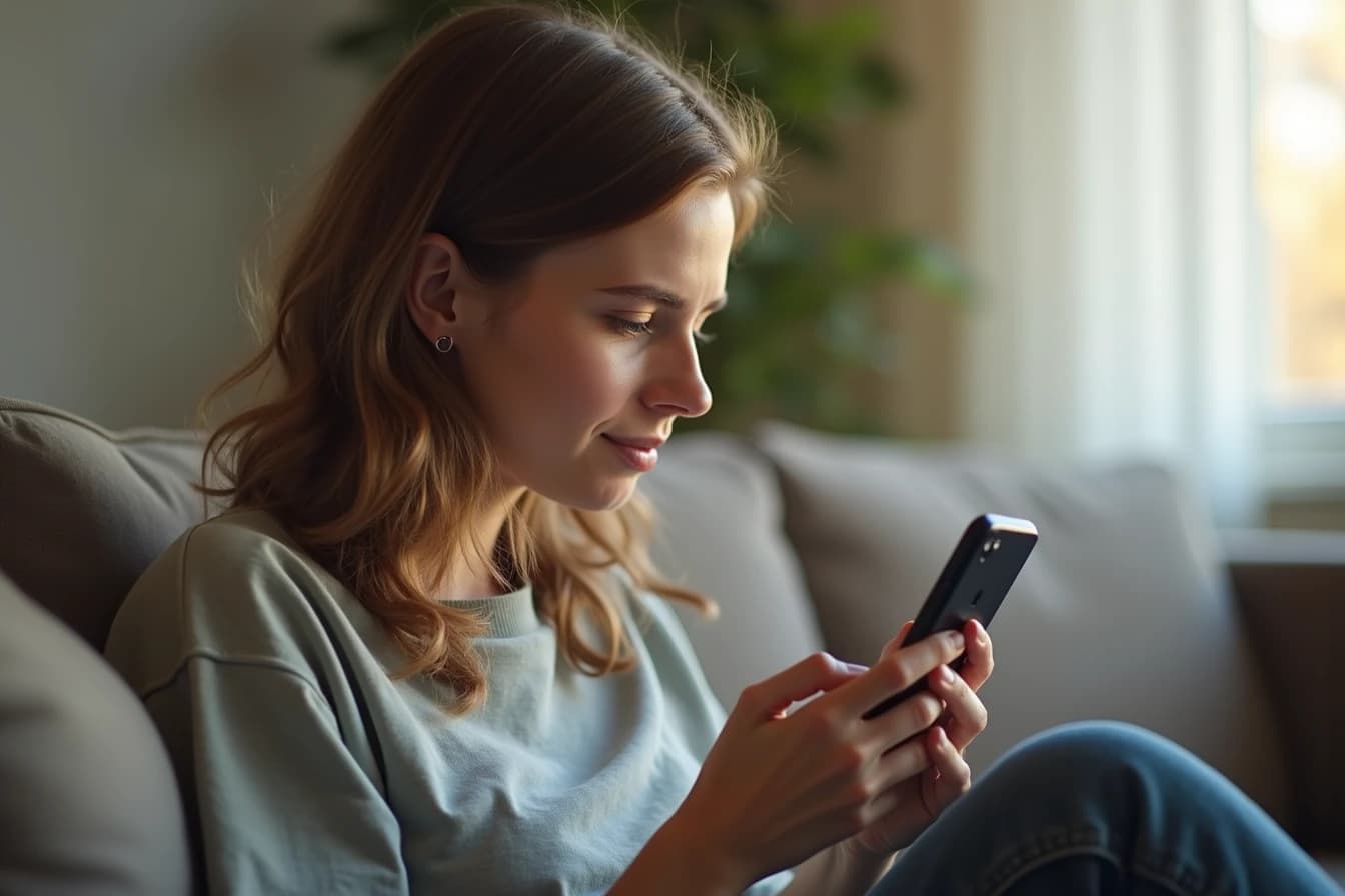 Woman sitting on a couch reading something on her smartphone with a thoughtful expression