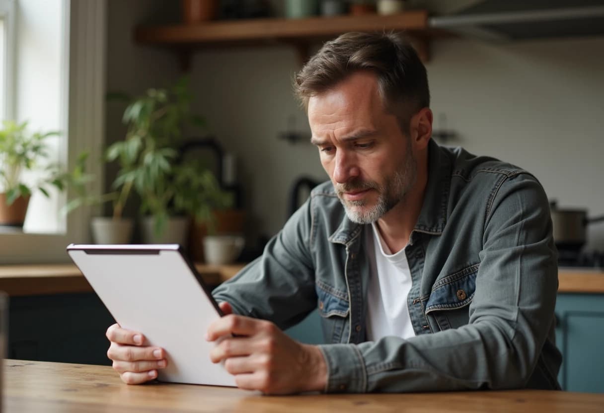 Person sitting at a kitchen table reading a long document on a tablet with a focused expression Person sitting at a kitchen table reading a long document on a tablet with a focused expression