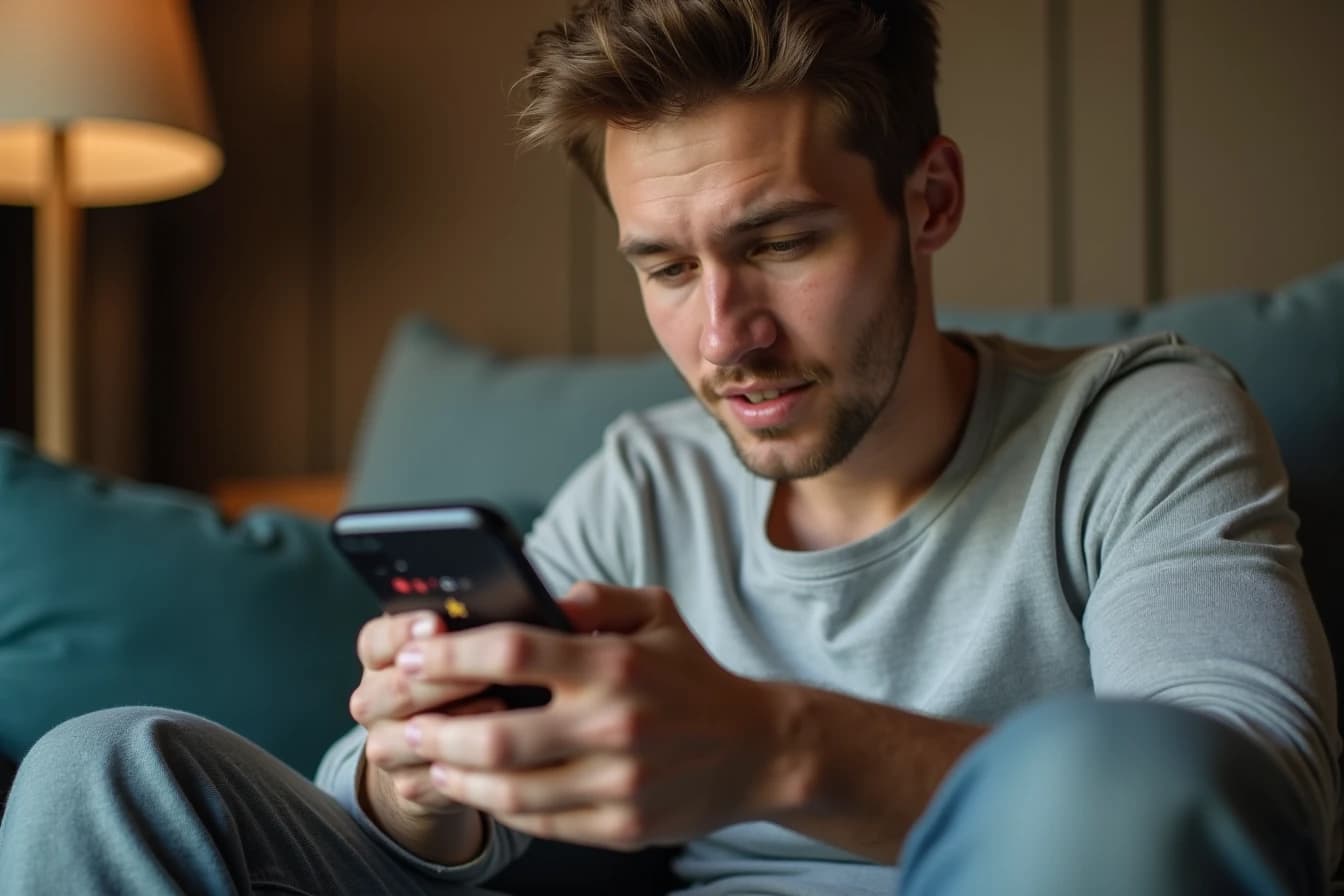 Man on a couch looking at a smartphone screen showing star rating icons with a curious expression Man on a couch looking at a smartphone screen showing star rating icons with a curious expression