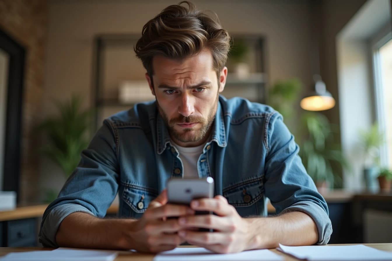 Man at a desk looking at his smartphone with a skeptical, curious expression Man at a desk looking at his smartphone with a skeptical, curious expression