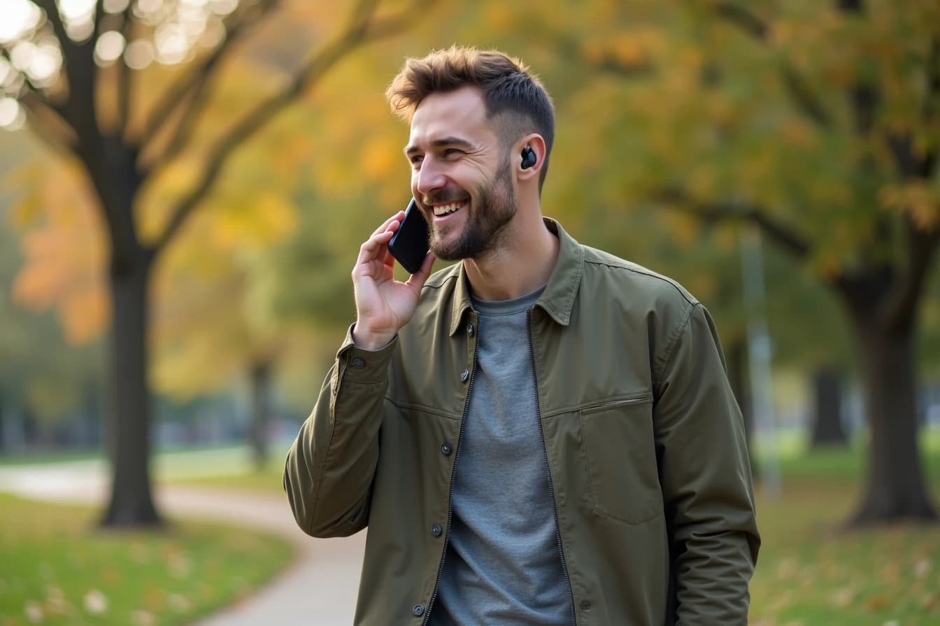 Man walking outdoors wearing wireless earbuds, smiling as if on a voice call Man walking outdoors wearing wireless earbuds, smiling as if on a voice call