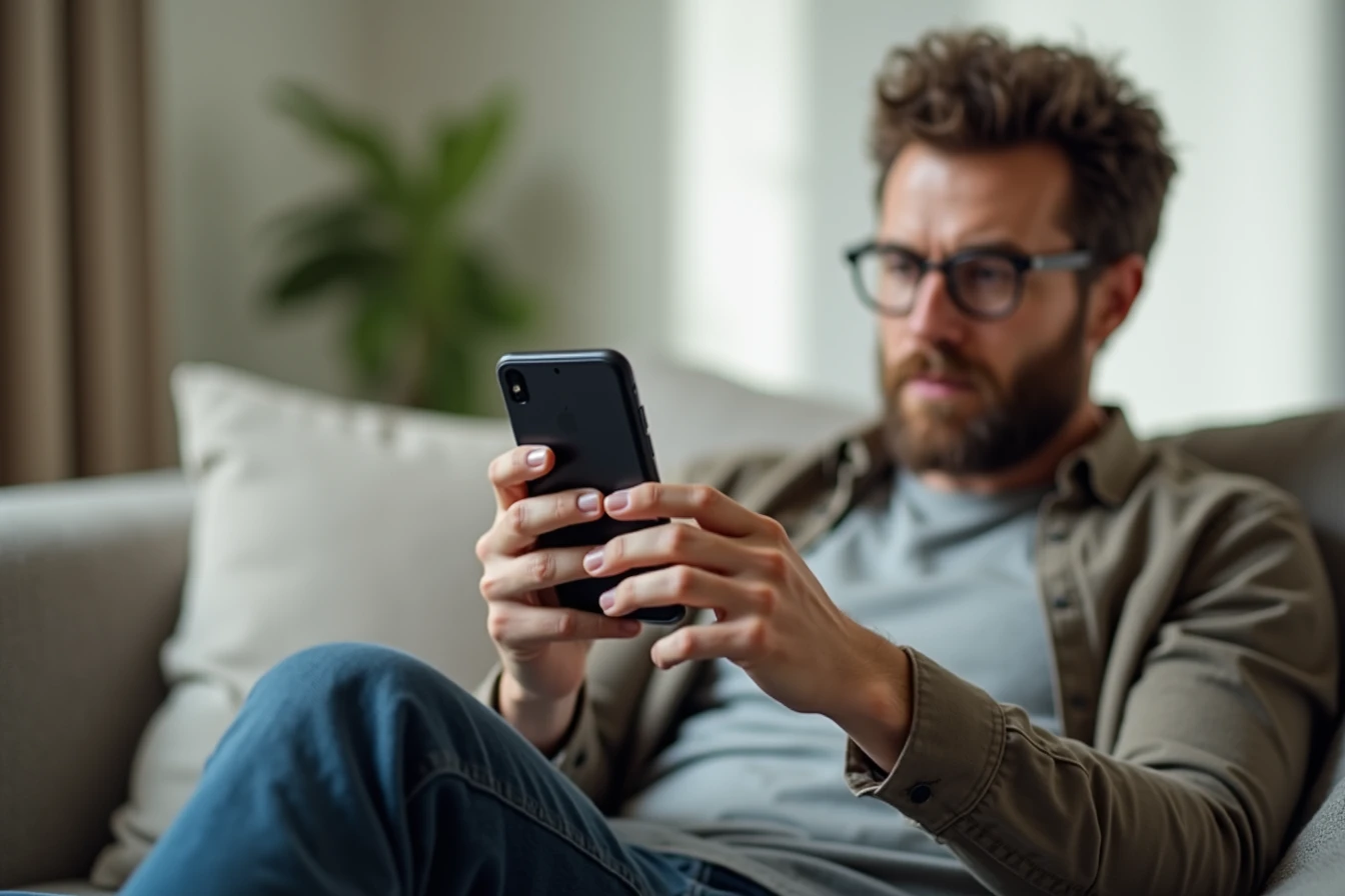 Man on a couch examining a photorealistic app interface on his phone Man on a couch examining a photorealistic app interface on his phone